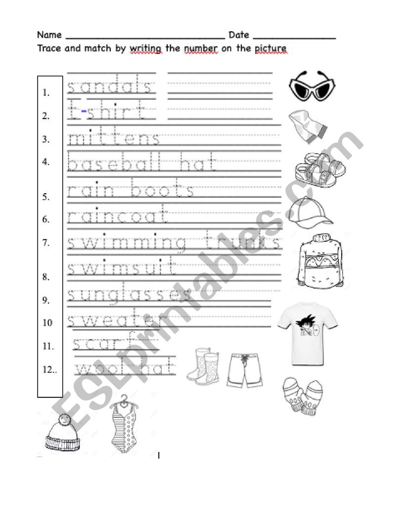 Clothes Trace and Match worksheet