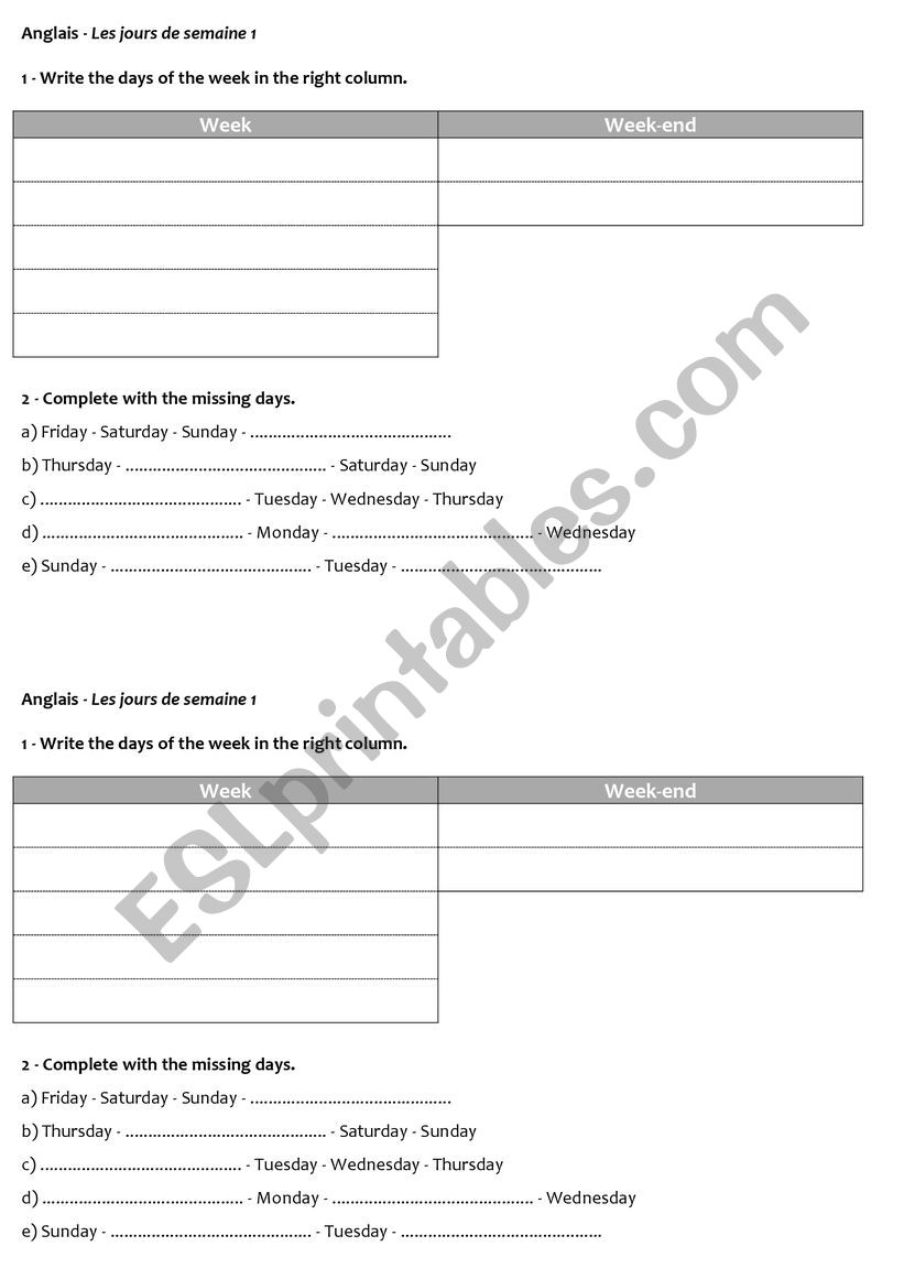 months and days  worksheet