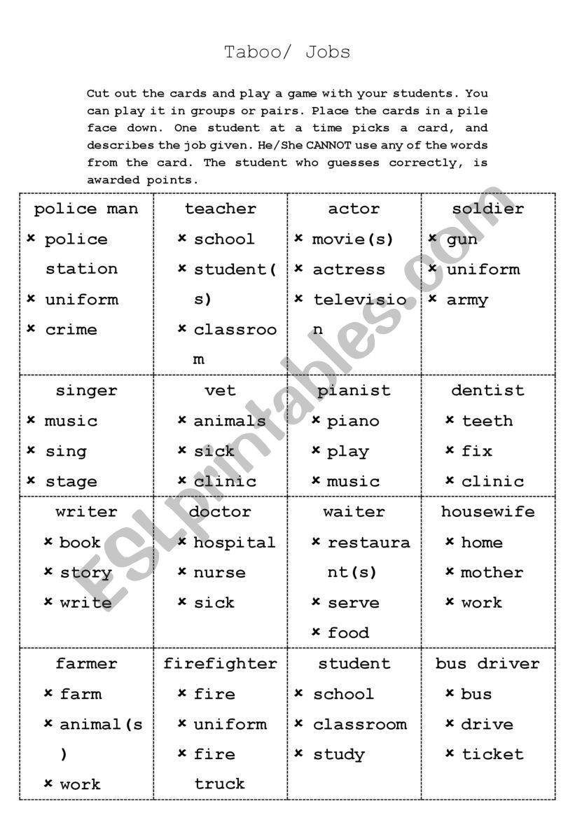 TABOO  worksheet