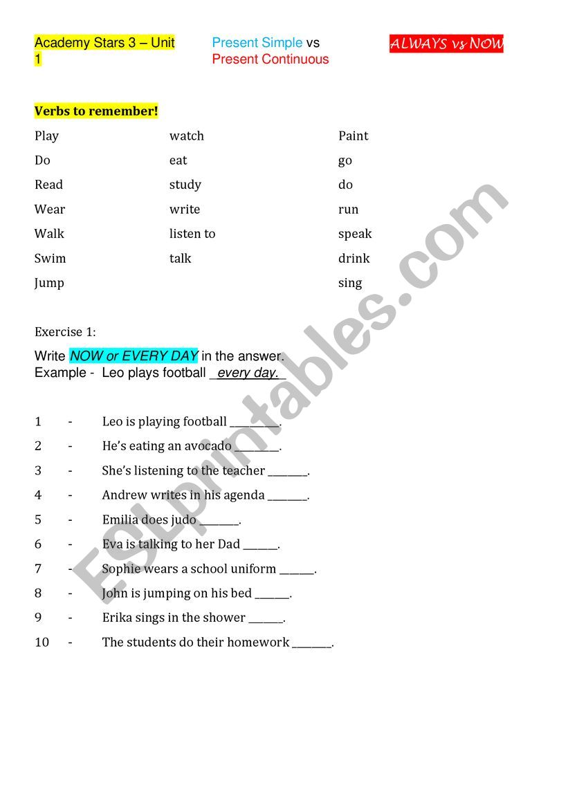 Academy Stars 3 - Unit 1 - Present Simple vs Continuous