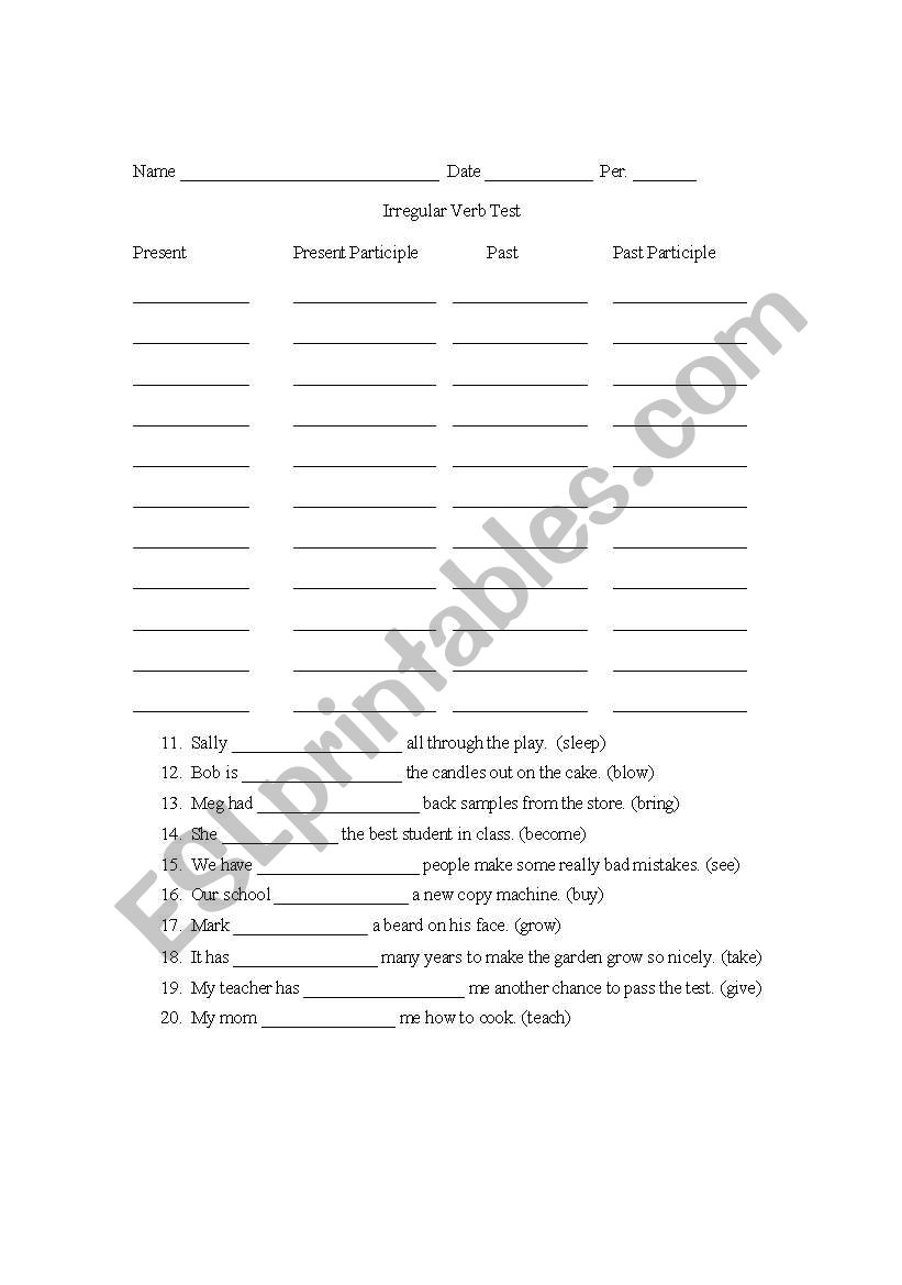 Irregular Verb Test worksheet