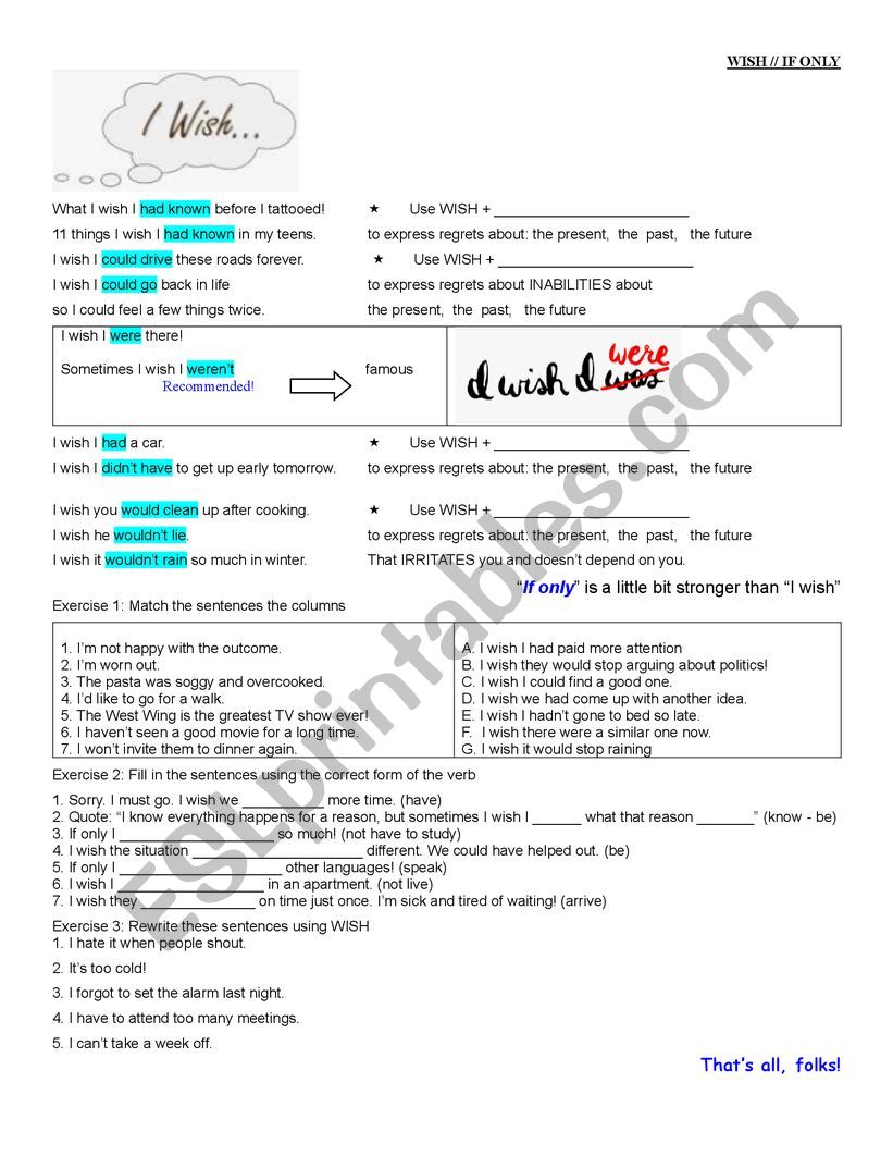 Wish and If Only (all forms) worksheet