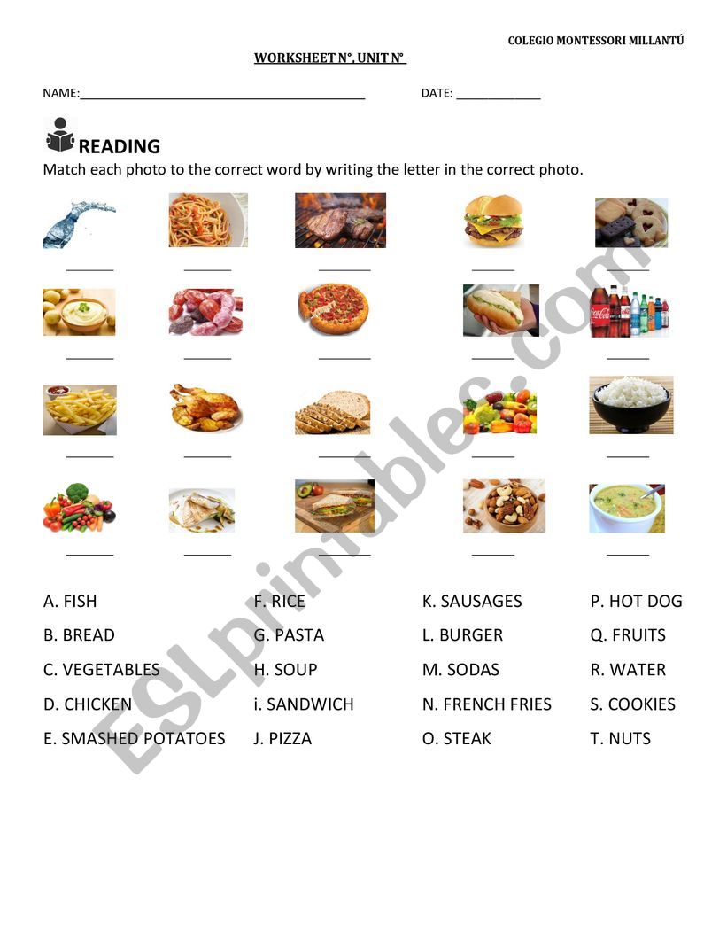read & match fruits vegetables & food