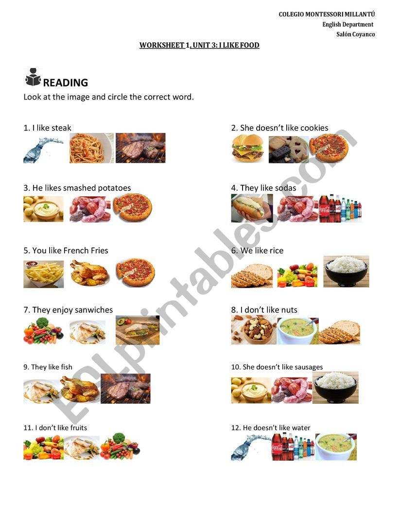 food fruits & vegetables multiple choice tasks