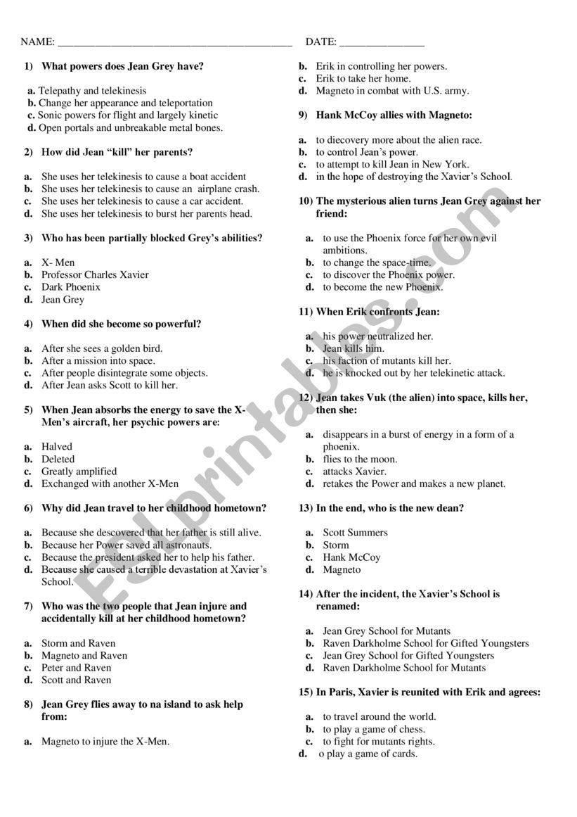 Dark Phoenix Movie worksheet
