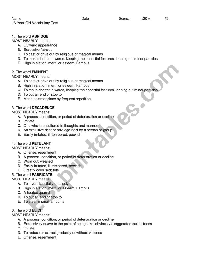 Voc Diagnostic Test worksheet