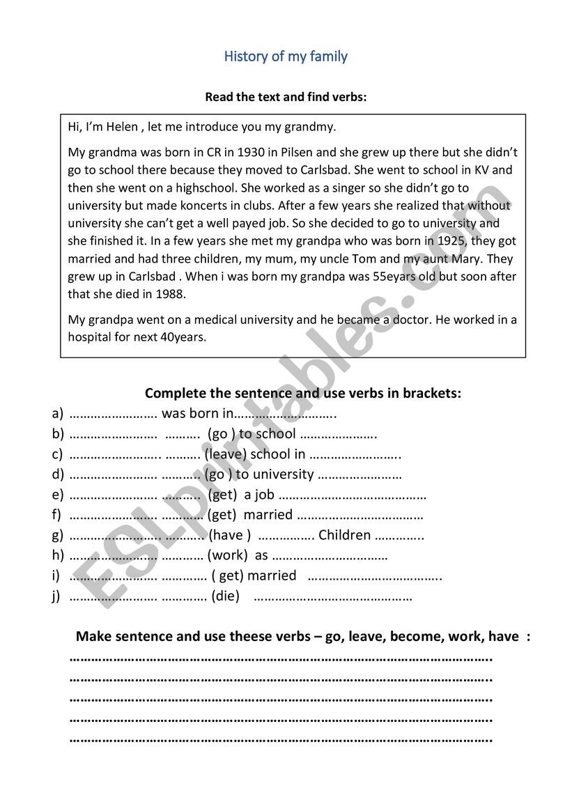 History of my family worksheet