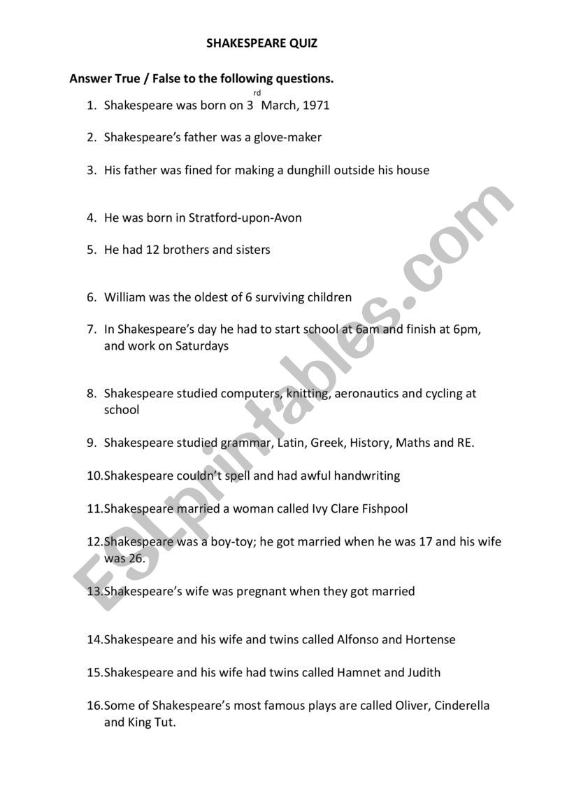 Shakespeare quiz worksheet