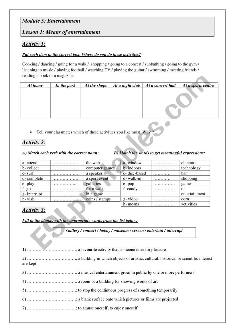 Means of entertainment worksheet