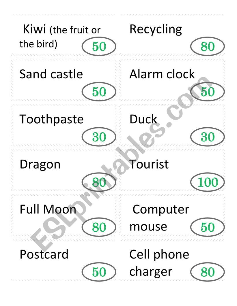 Pictionary Cue Cards, 48 of general topics, easy to add your own.