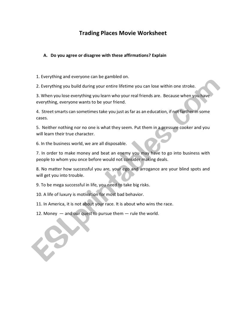 Trading Places Movie Worksheet