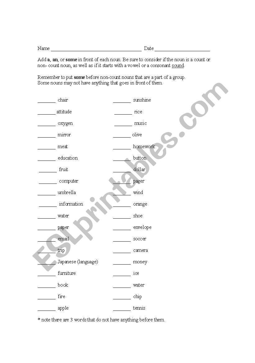 Practice with A, An, and Some (with count and non-count nouns)