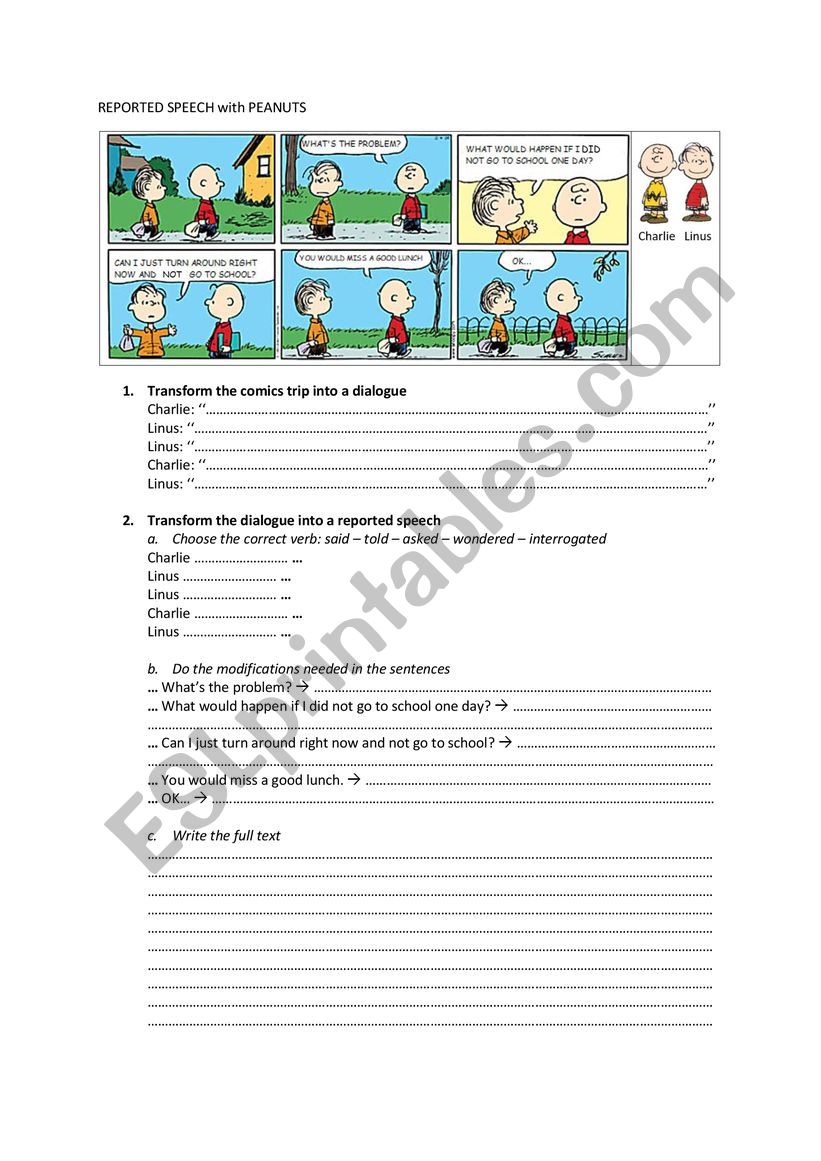 Reported speech with peanuts worksheet