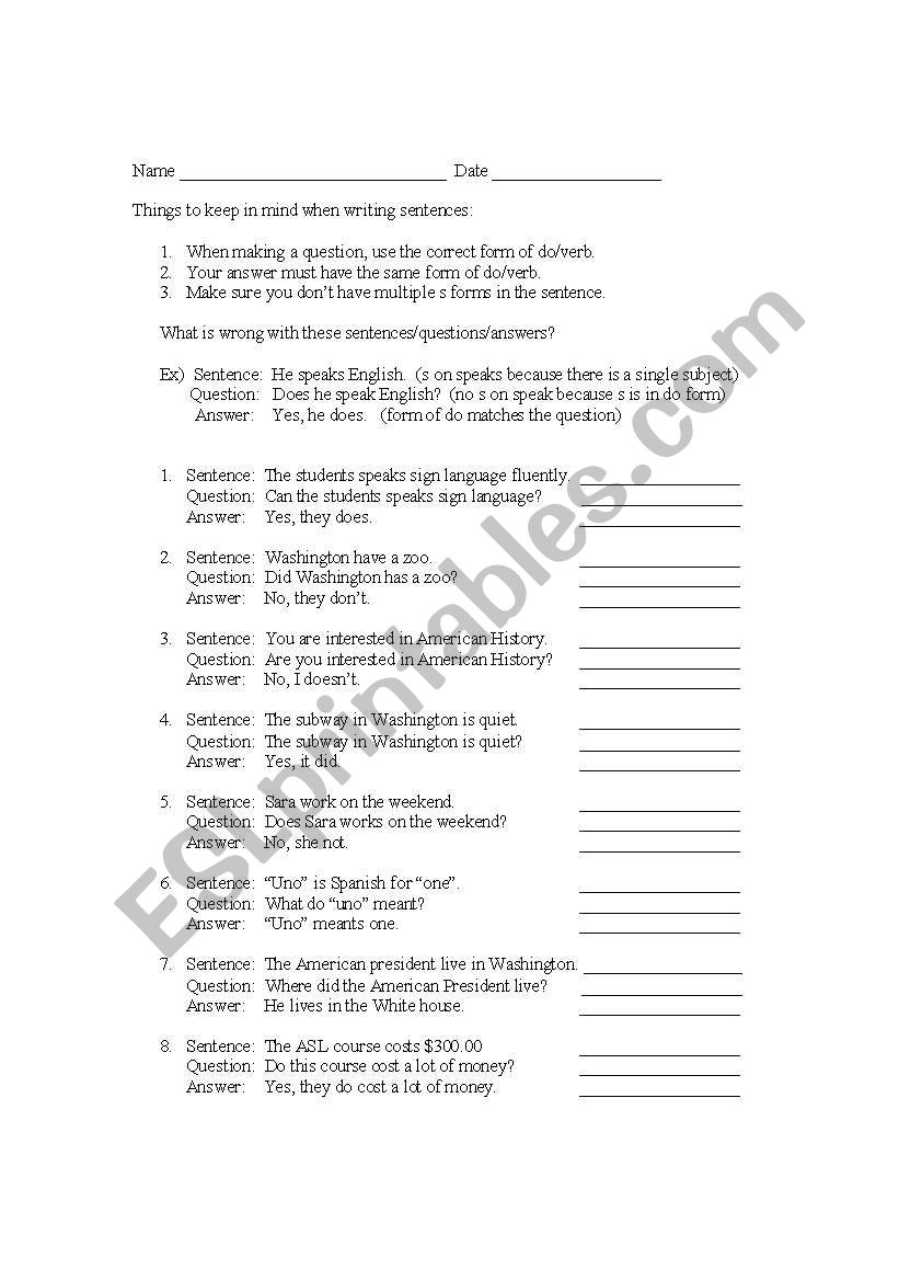 Practice with verb usage in sentences, questions, and answers