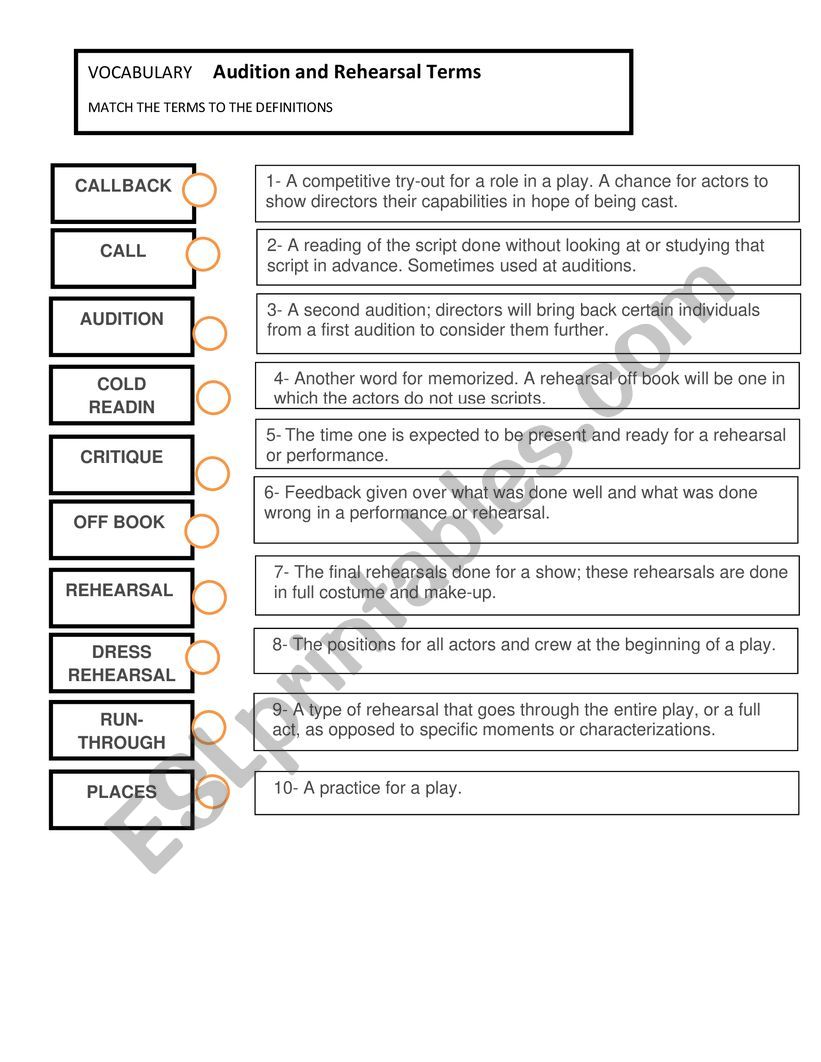 Audition and Rehearsal Terms worksheet