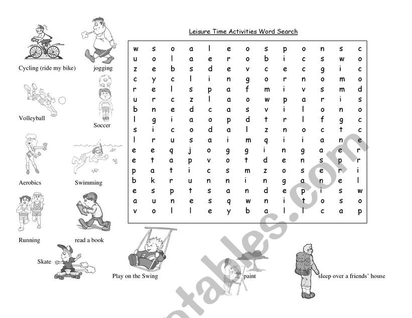 Leisure time activities wordsearch