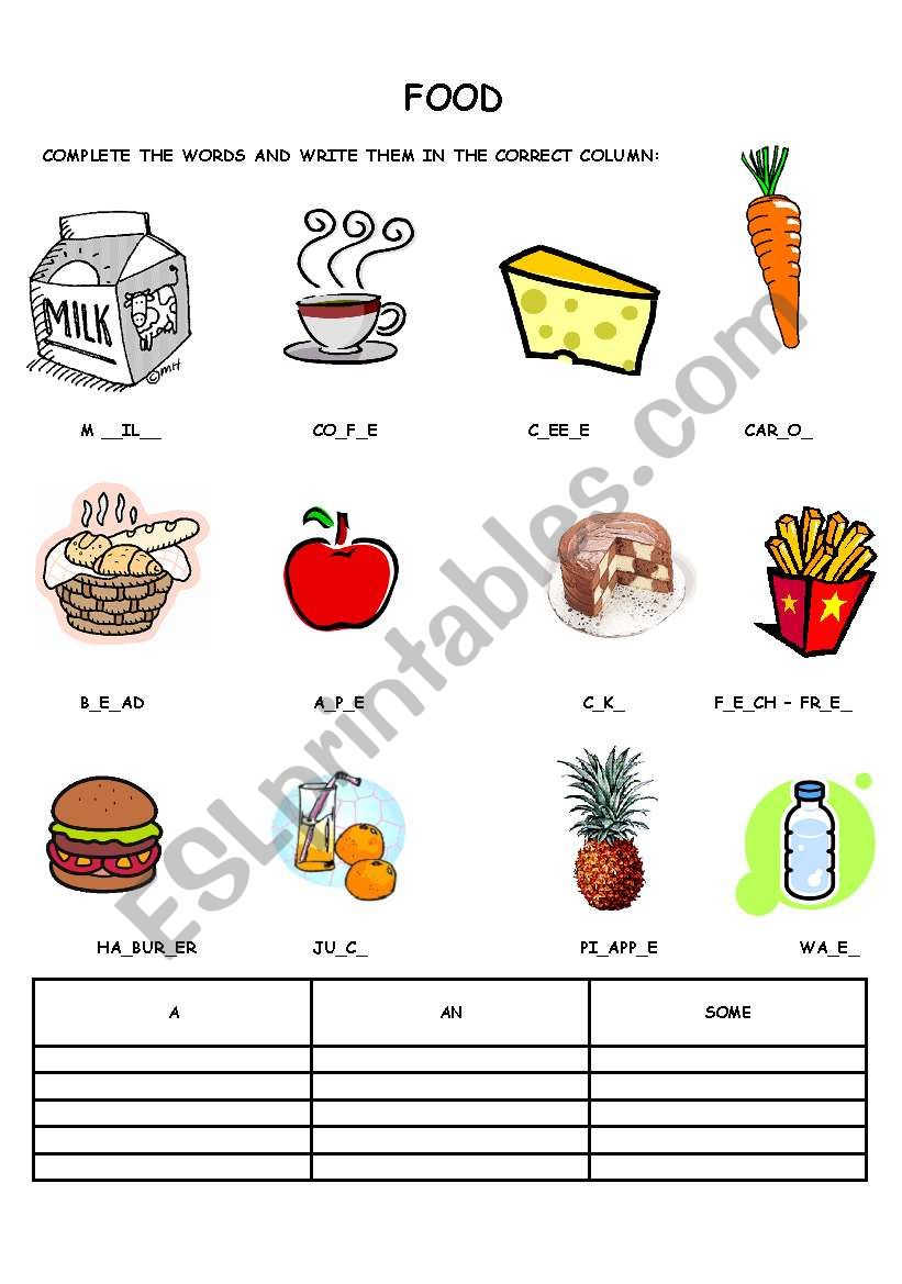 Food - A/AN/Some worksheet