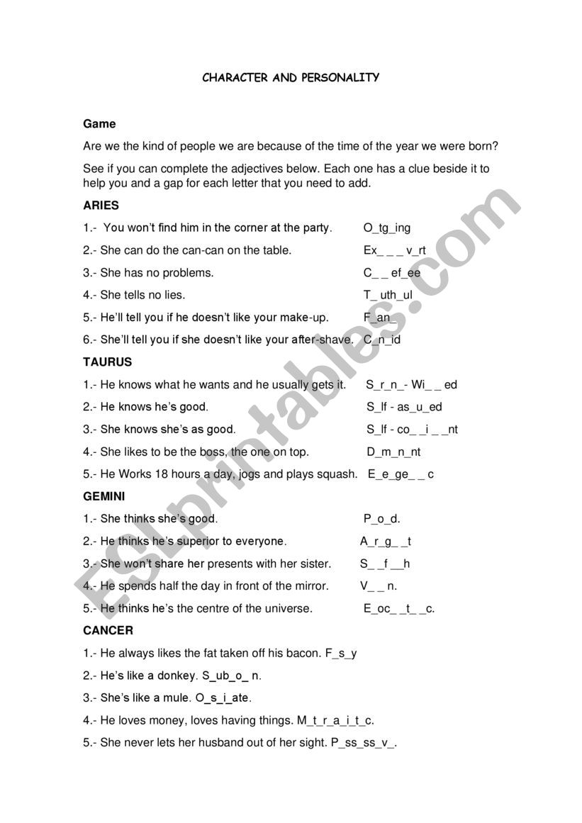 CHARACTER AND PERSONALITY worksheet