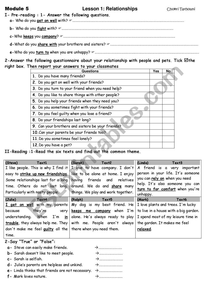 lesson 1Relationships worksheet