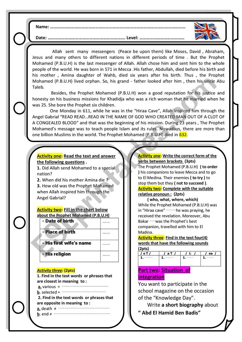 the Prophet Mohamed (P.B.U.H worksheet