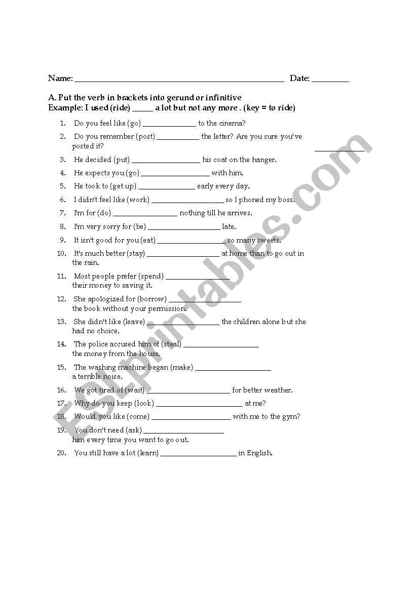 gerund vs infinitive worksheet