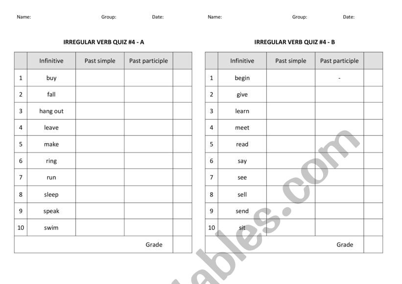 Past simple verbs - irregular - Quiz 4