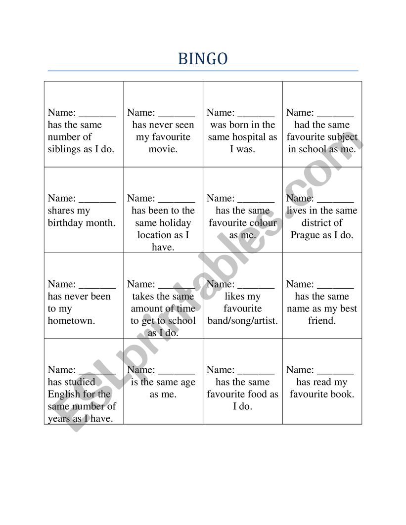 Getting to Know You BINGO (Intermediate)