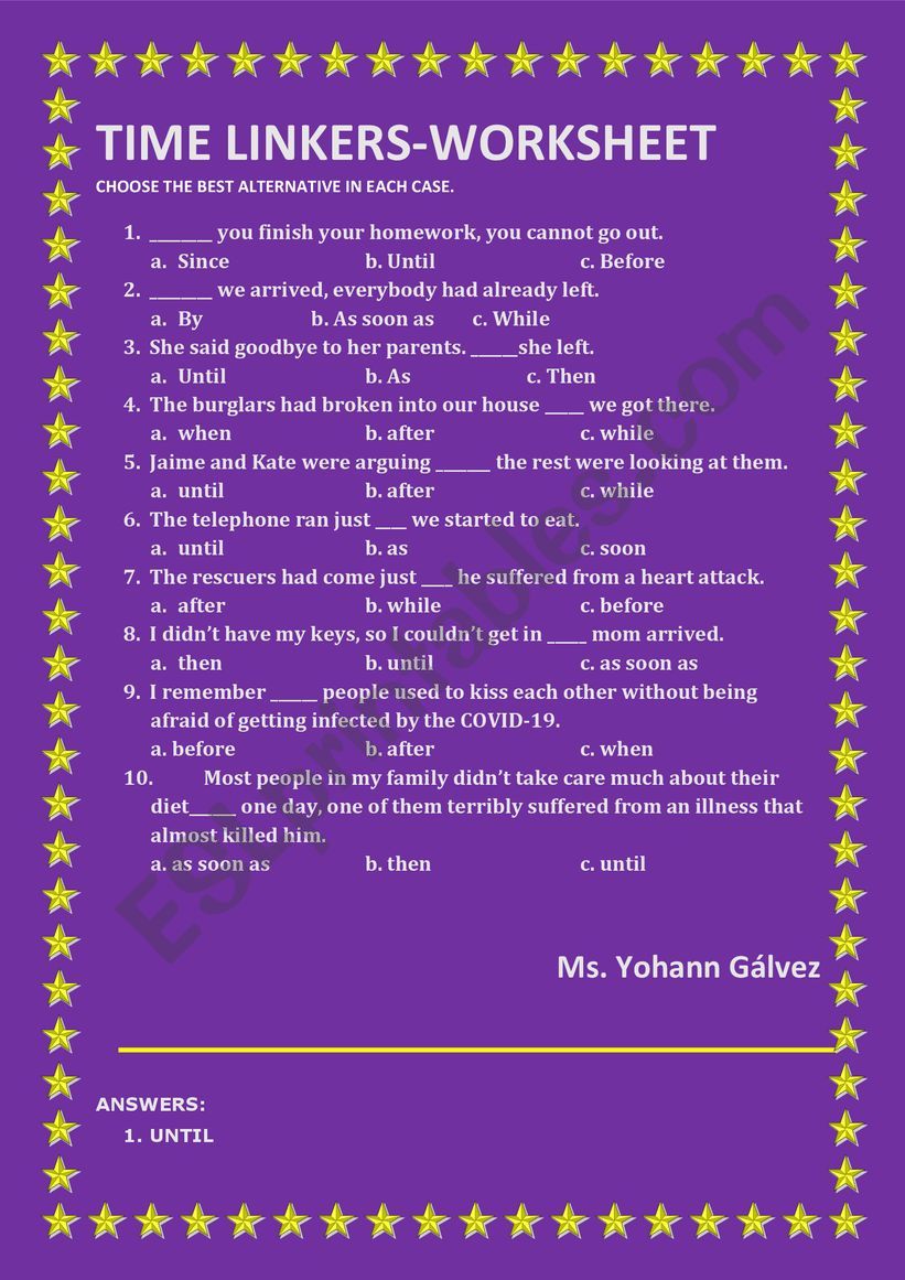 TIME LINKERS WORKSHEET worksheet