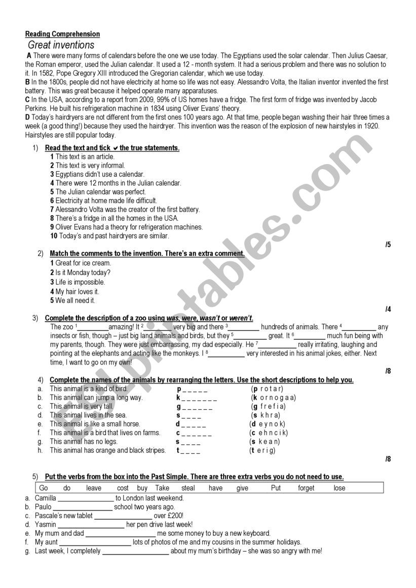 Past simple test worksheet