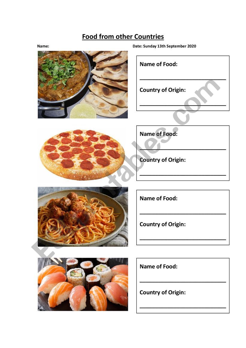 Food from around the world worksheet