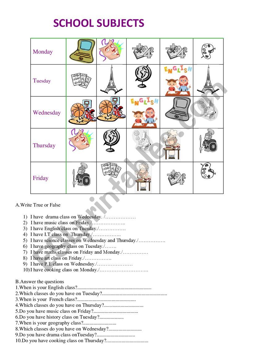 school subjects worksheet