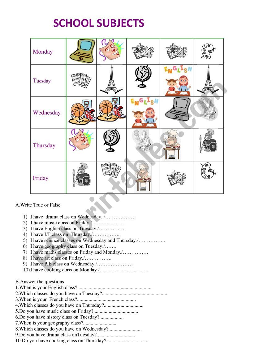 school subjects worksheet