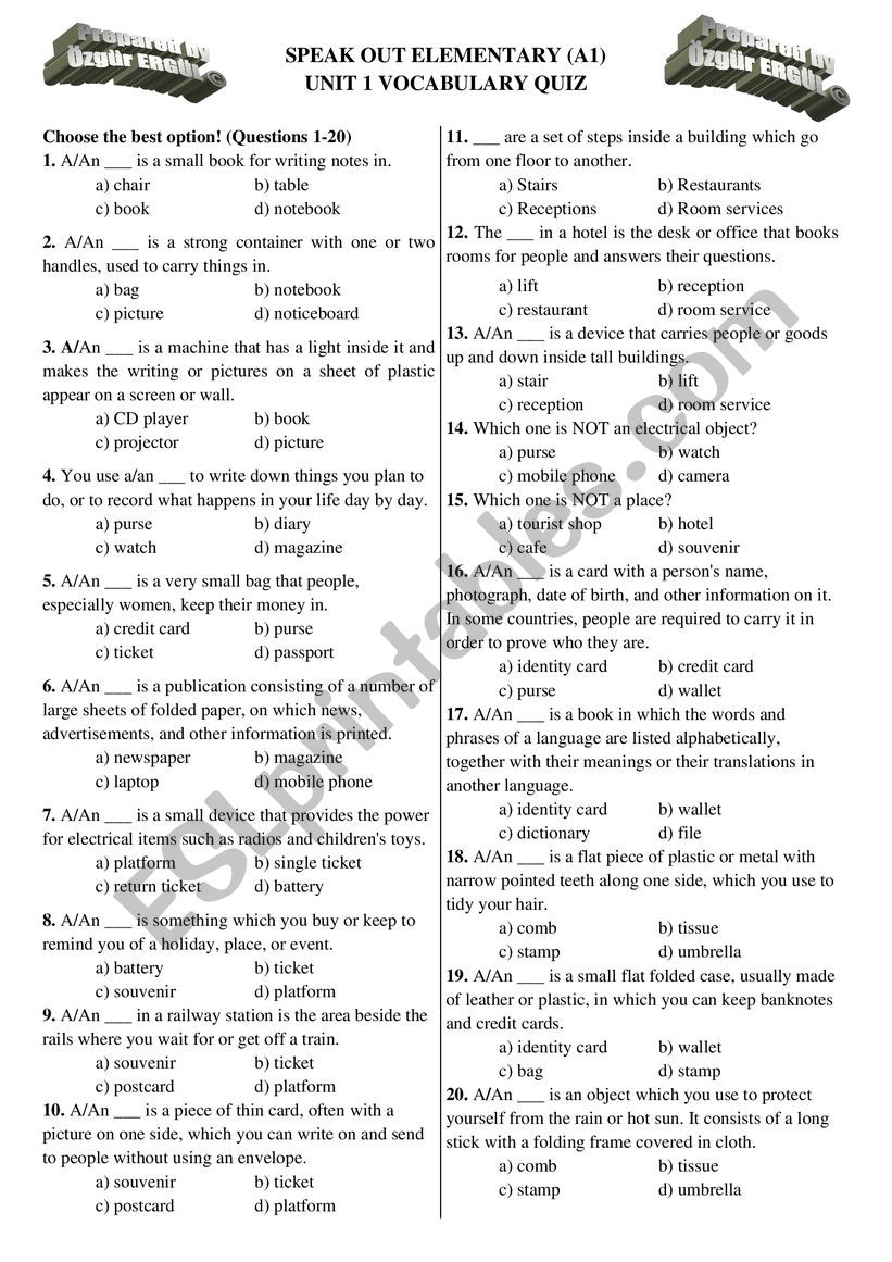 Speakout Elementary Unit 1 Vocabulary Quiz