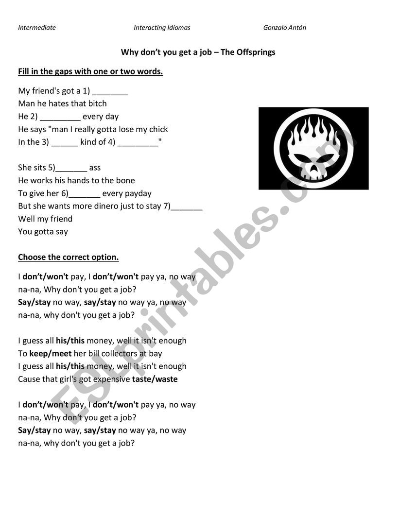 Why don�t you get a job song worksheet