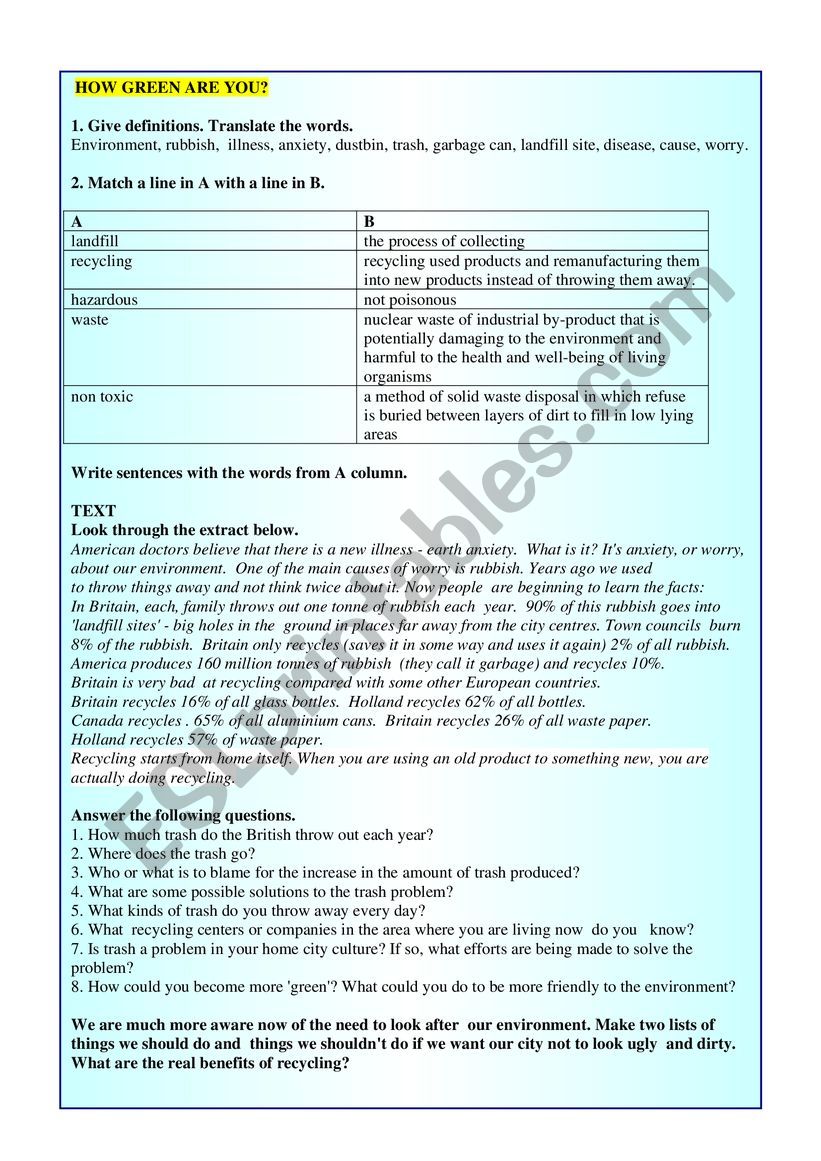 Ecology. Recycling. worksheet