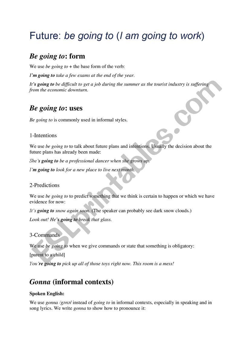 Be going to worksheet
