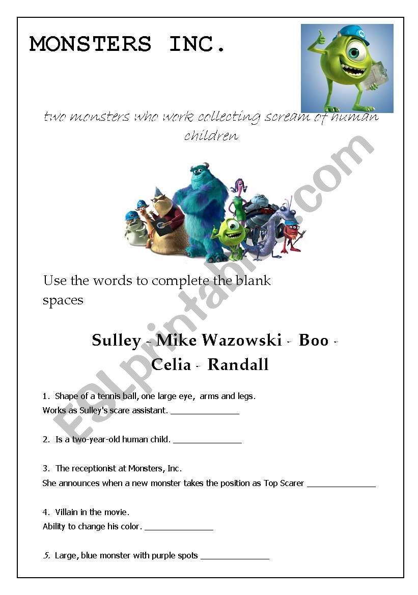 Movie Session:  Monsters Inc. - 2 pages - 