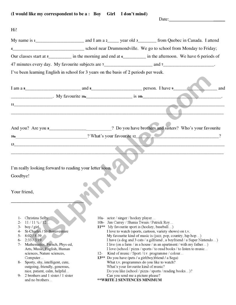 Pen pal letter template worksheet