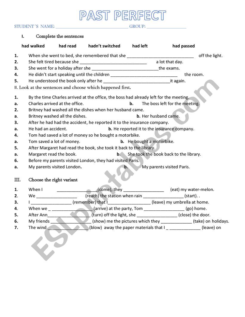 PAST PERFECT TENSE worksheet