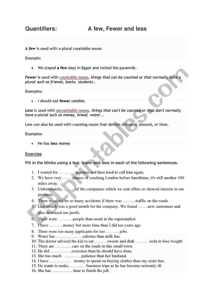 A few,fewer and less worksheet