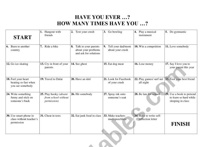 HAVE YOU EVER ...? worksheet