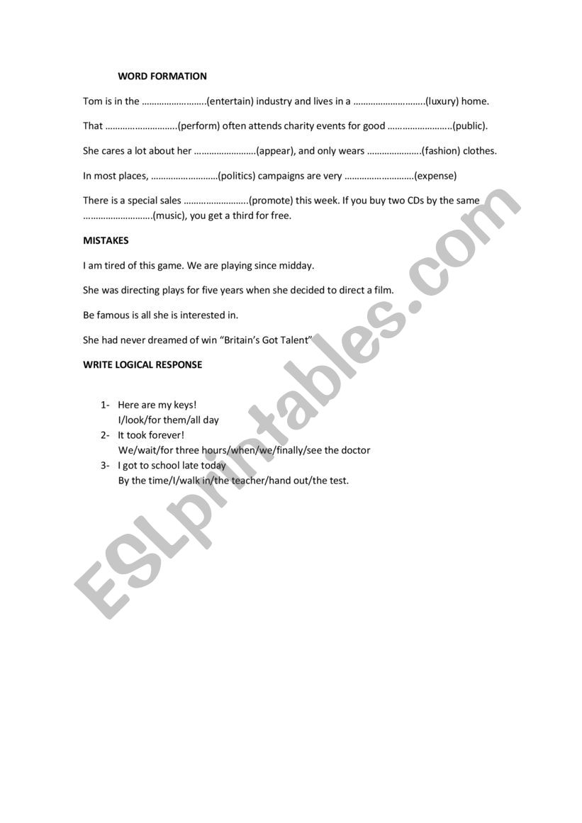 WORKSHEET with word formation and perfect tenses