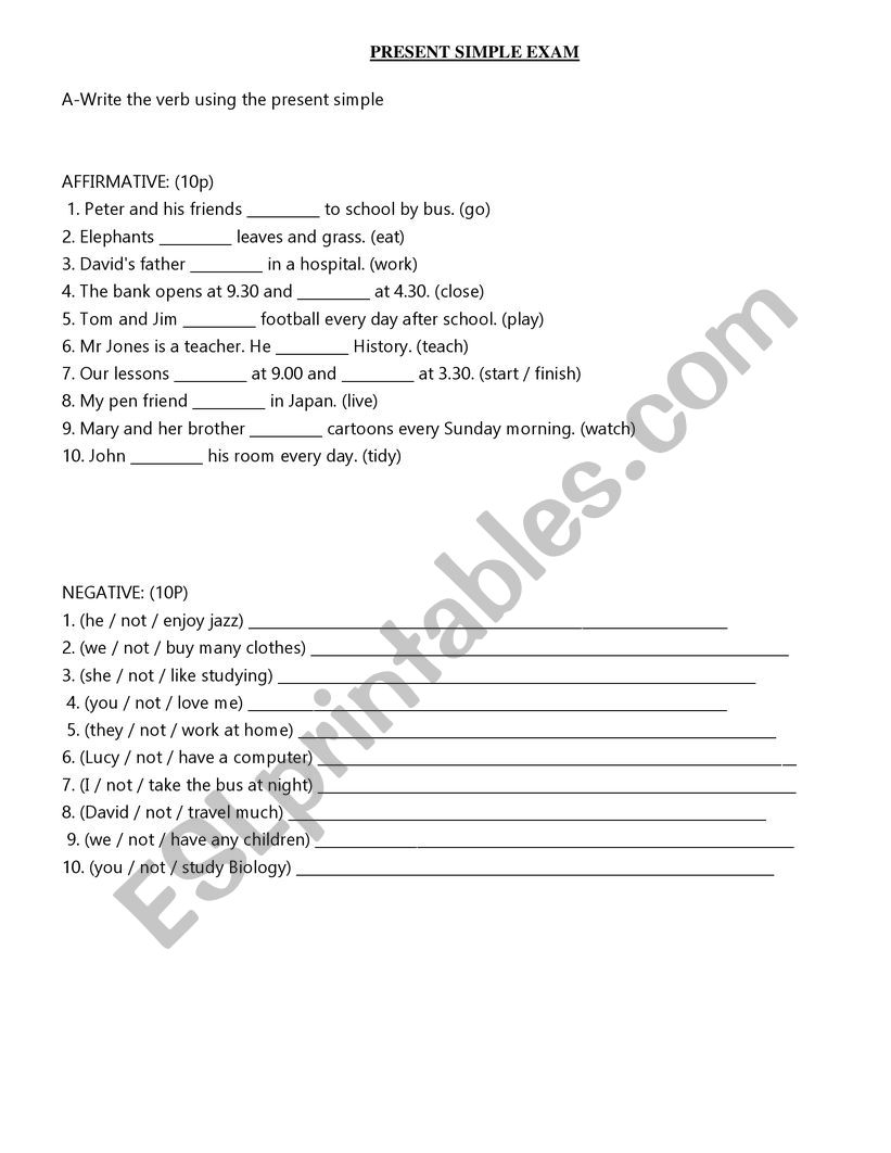 Present simple exam worksheet