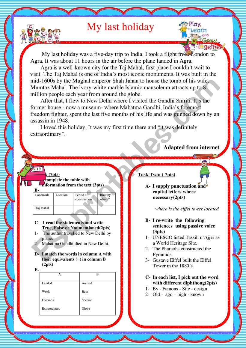 My last holiday worksheet