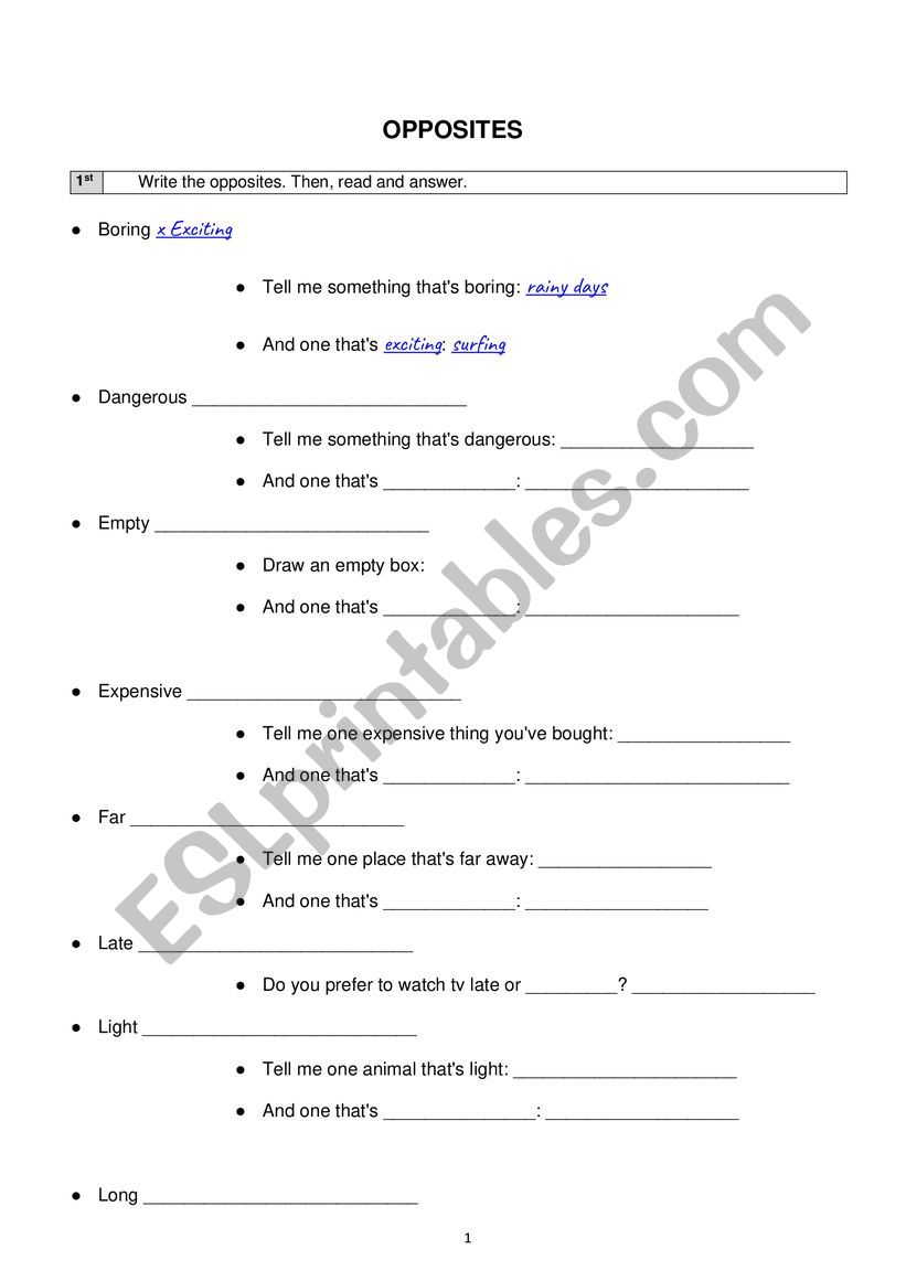 Opposites A2 worksheet