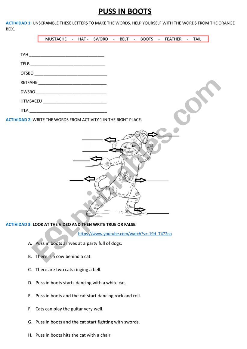PUSS IN BOOTS worksheet