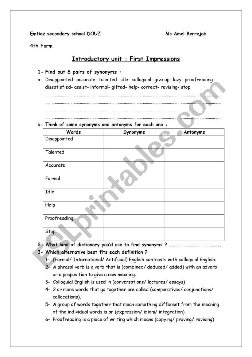 Bac introductory unit first impressions