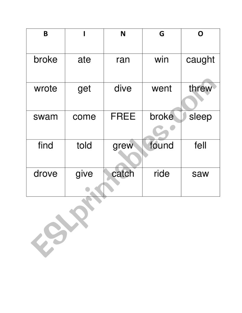  past tense bingo worksheet
