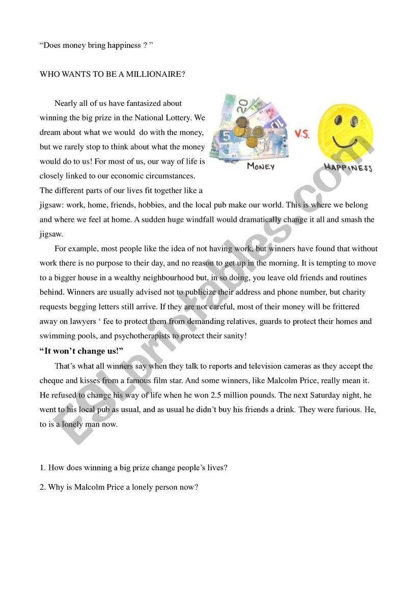 Does money bring hapiness? worksheet