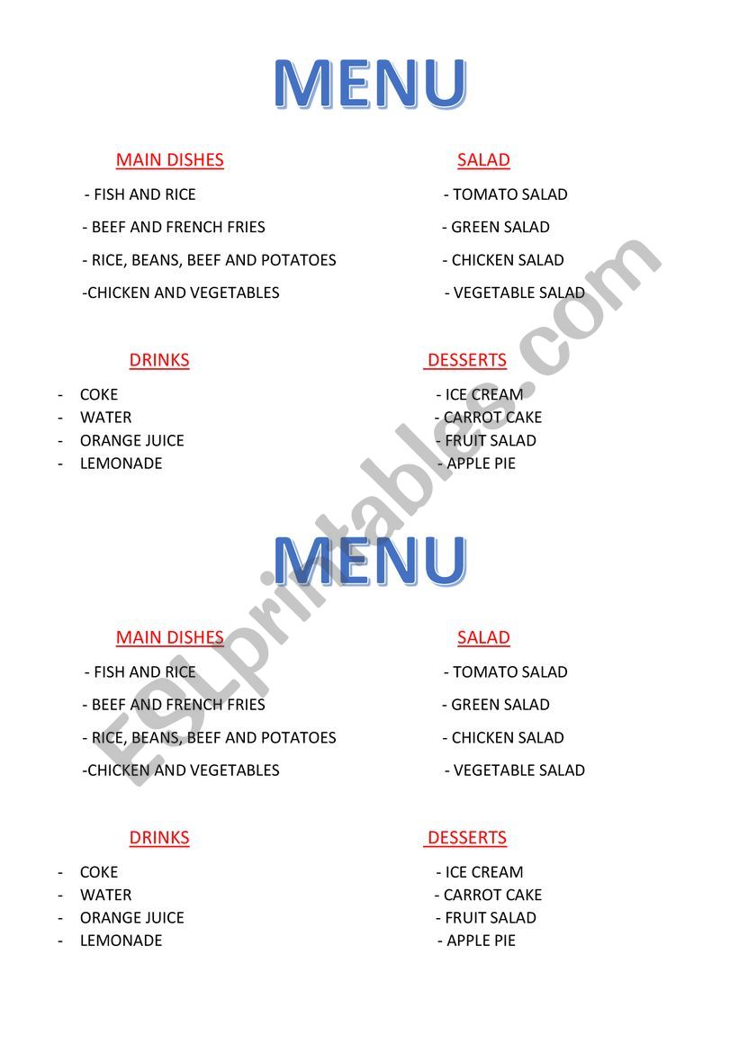 RESTAURANT MENU worksheet